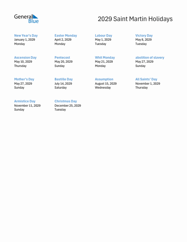 Free printable list of Saint Martin holidays for year 2029