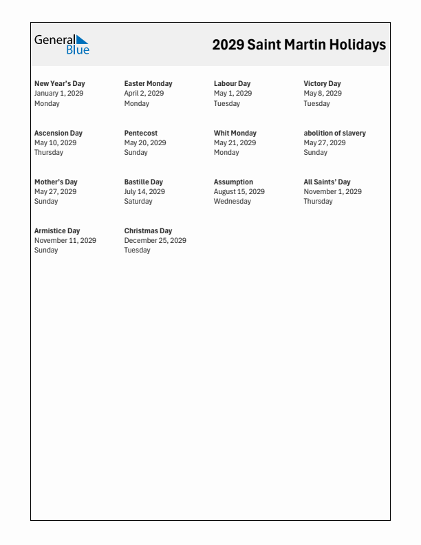 Free printable list of Saint Martin holidays for year 2029