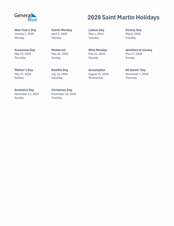 Free printable list of Saint Martin holidays for year 2029