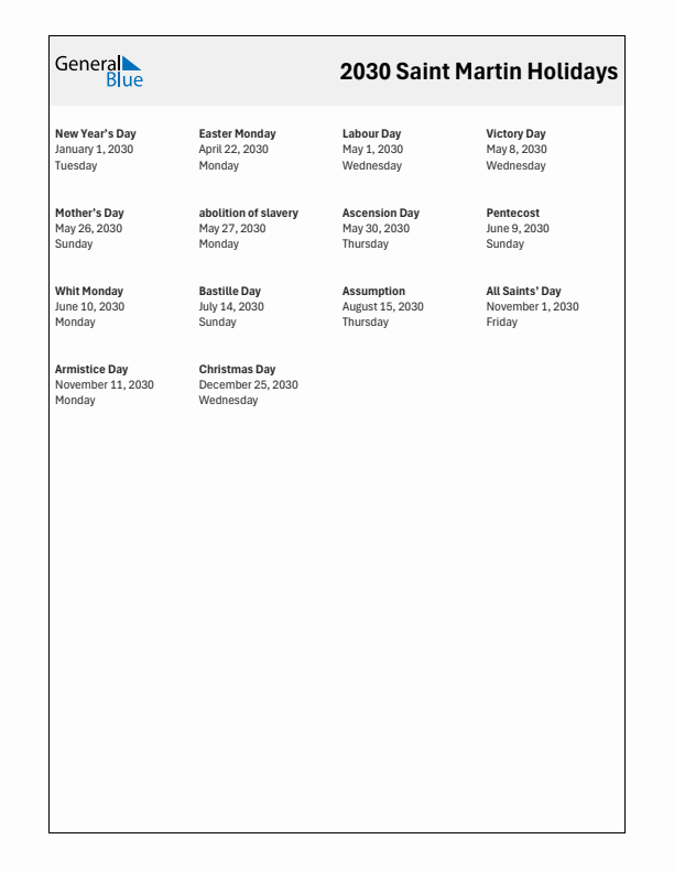 Free printable list of Saint Martin holidays for year 2030