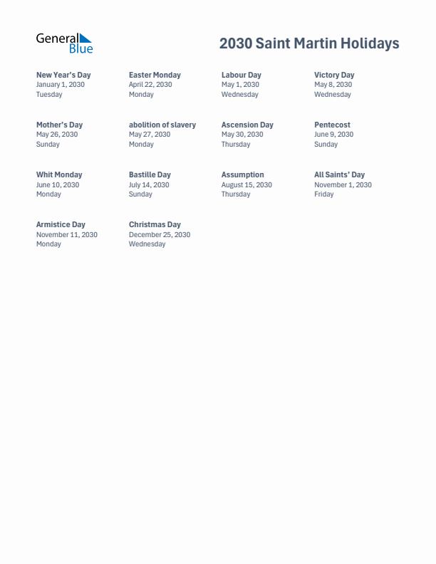Free printable list of Saint Martin holidays for year 2030