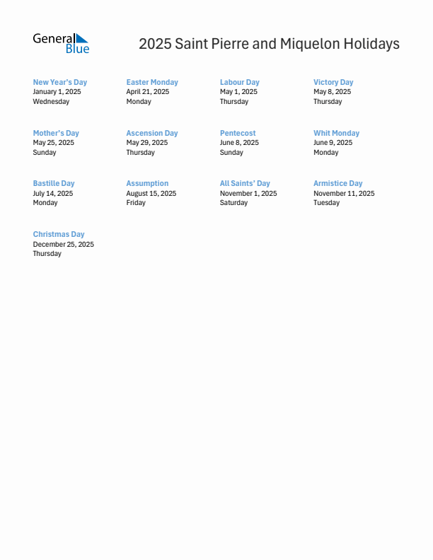 Free printable list of Saint Pierre and Miquelon holidays for year 2025
