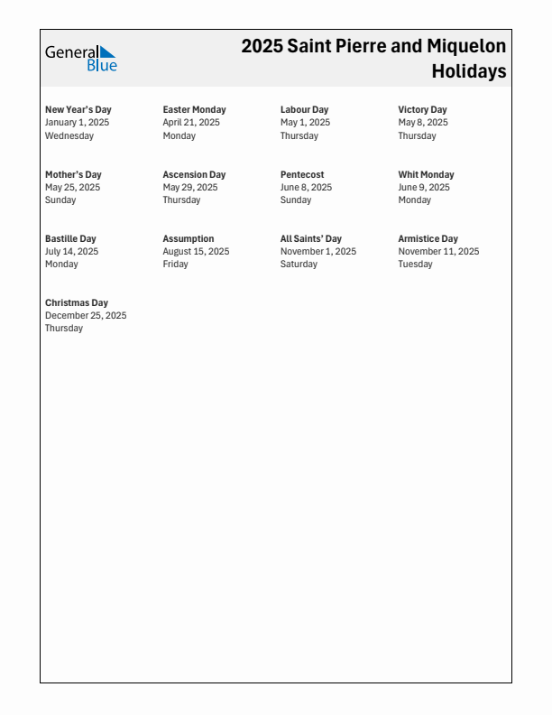 Free printable list of Saint Pierre and Miquelon holidays for year 2025