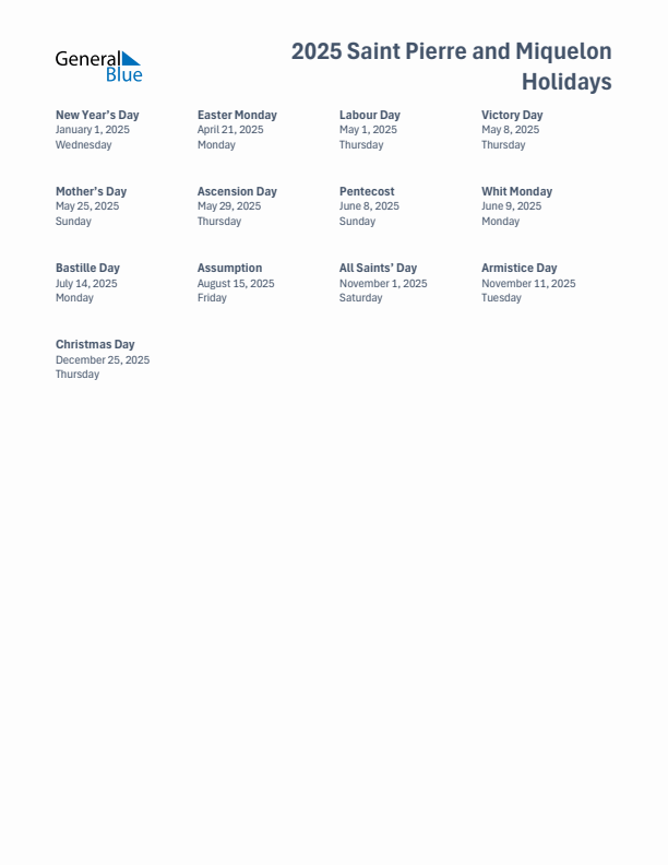Free printable list of Saint Pierre and Miquelon holidays for year 2025