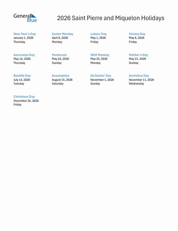 Free printable list of Saint Pierre and Miquelon holidays for year 2026