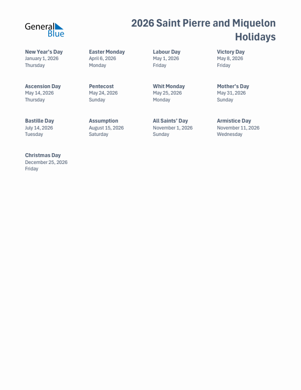 Free printable list of Saint Pierre and Miquelon holidays for year 2026