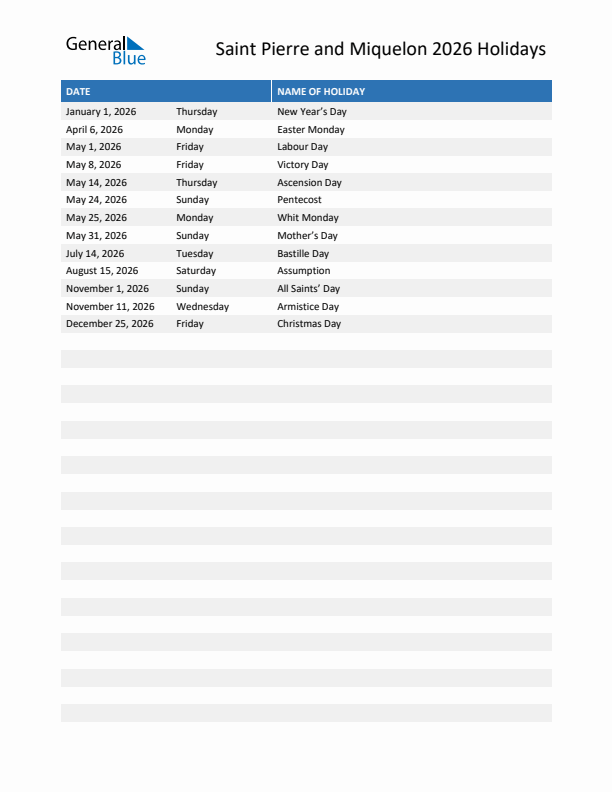 Free printable list of Saint Pierre and Miquelon holidays for year 2026