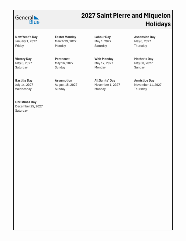 Free printable list of Saint Pierre and Miquelon holidays for year 2027