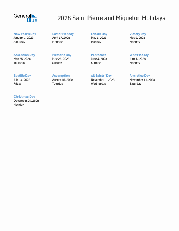 Free printable list of Saint Pierre and Miquelon holidays for year 2028