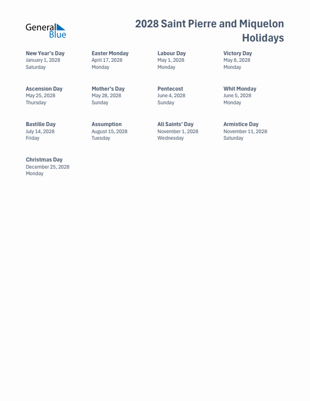 Free printable list of Saint Pierre and Miquelon holidays for year 2028