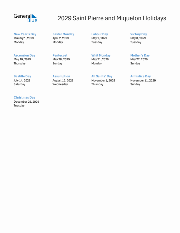 Free printable list of Saint Pierre and Miquelon holidays for year 2029