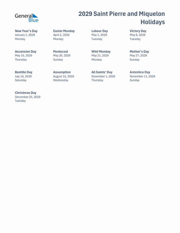 Free printable list of Saint Pierre and Miquelon holidays for year 2029