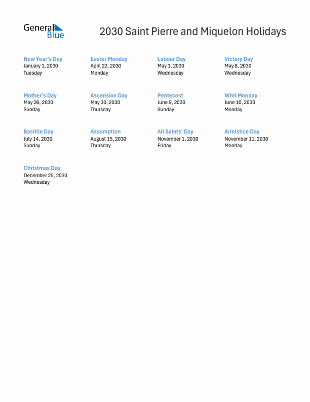 Free printable list of Saint Pierre and Miquelon holidays for year 2030