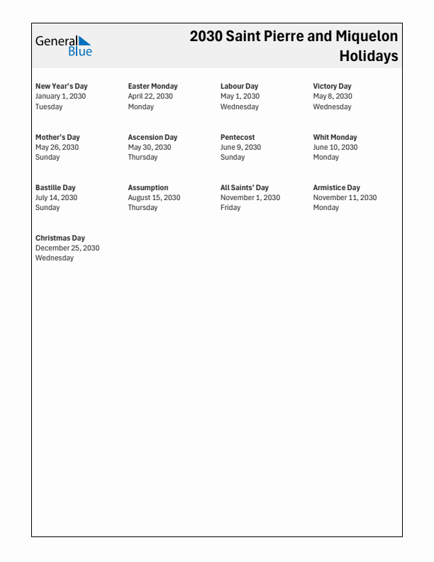 Free printable list of Saint Pierre and Miquelon holidays for year 2030