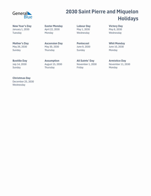 Free printable list of Saint Pierre and Miquelon holidays for year 2030
