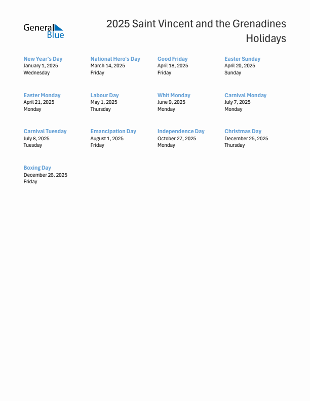 Free printable list of Saint Vincent and the Grenadines holidays for year 2025