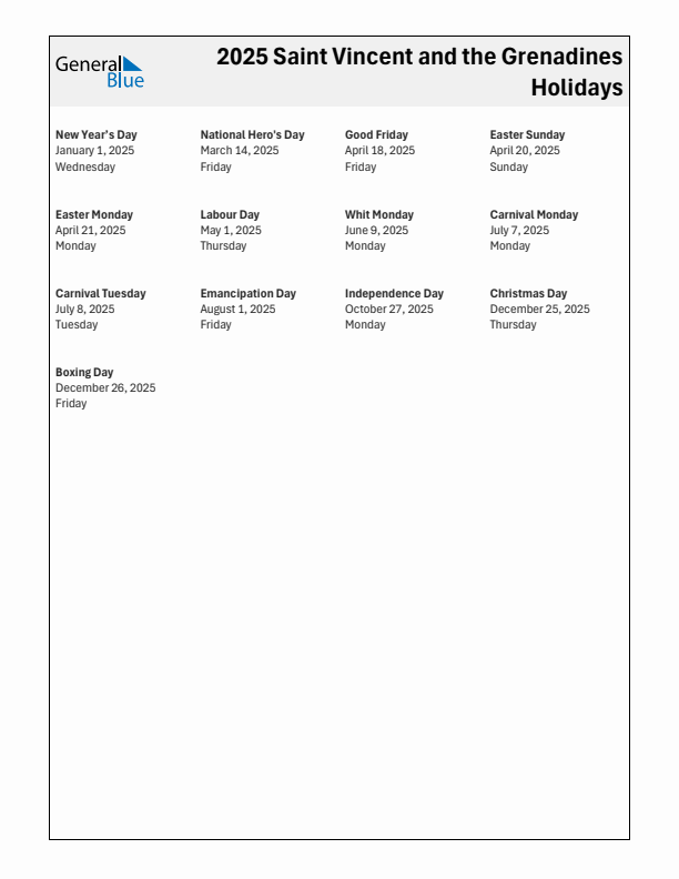 Free printable list of Saint Vincent and the Grenadines holidays for year 2025