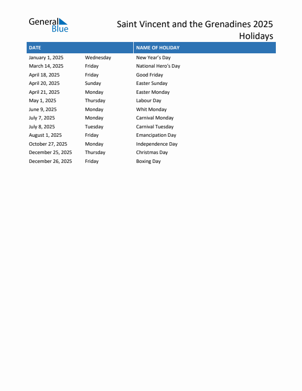 Free printable list of Saint Vincent and the Grenadines holidays for year 2025