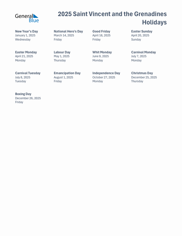 Free printable list of Saint Vincent and the Grenadines holidays for year 2025