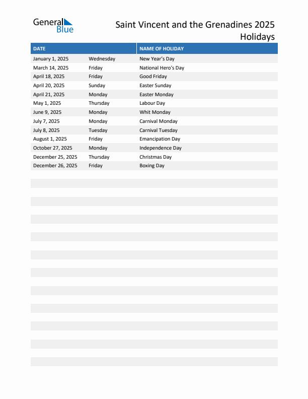 Free printable list of Saint Vincent and the Grenadines holidays for year 2025