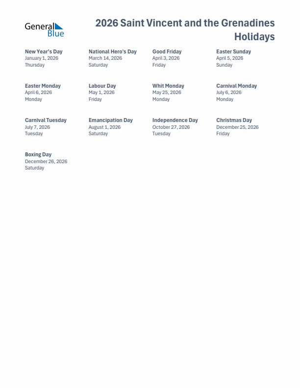 Free printable list of Saint Vincent and the Grenadines holidays for year 2026