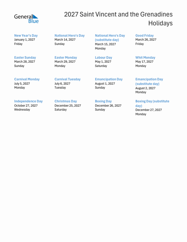 Free printable list of Saint Vincent and the Grenadines holidays for year 2027