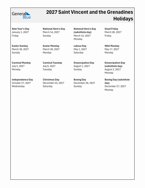 Free printable list of Saint Vincent and the Grenadines holidays for year 2027
