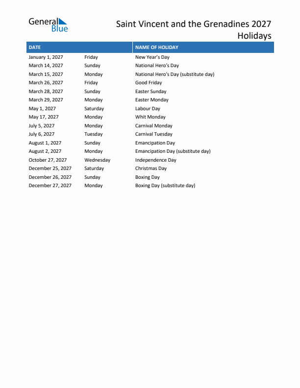 Free printable list of Saint Vincent and the Grenadines holidays for year 2027
