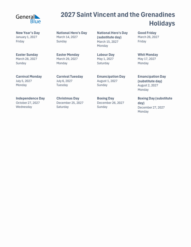 Free printable list of Saint Vincent and the Grenadines holidays for year 2027