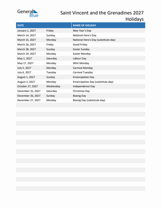 Free printable list of Saint Vincent and the Grenadines holidays for year 2027