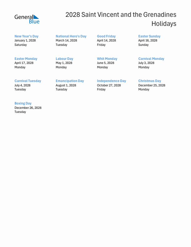 Free printable list of Saint Vincent and the Grenadines holidays for year 2028