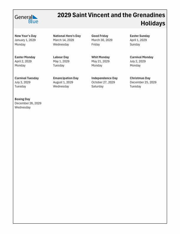 Free printable list of Saint Vincent and the Grenadines holidays for year 2029