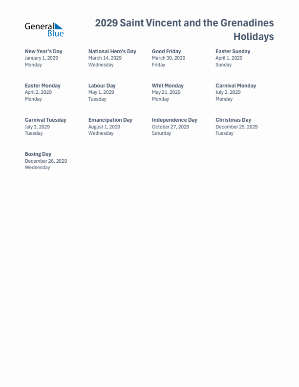 Free printable list of Saint Vincent and the Grenadines holidays for year 2029