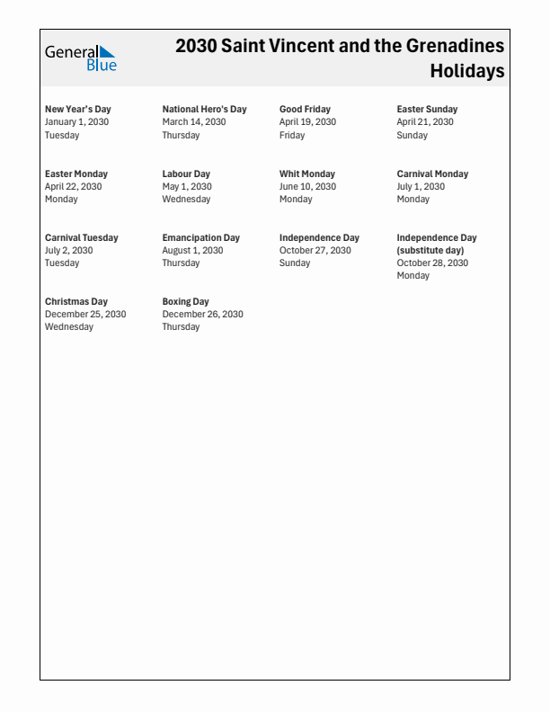 Free printable list of Saint Vincent and the Grenadines holidays for year 2030