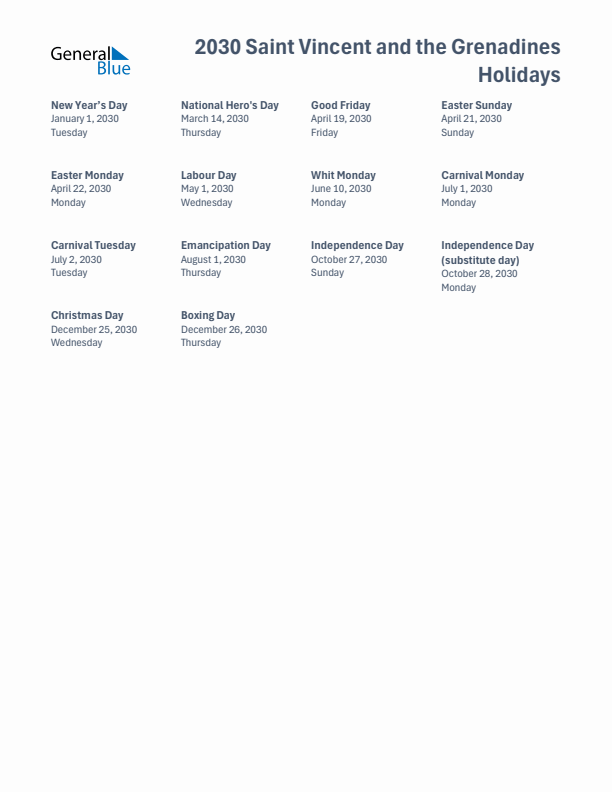 Free printable list of Saint Vincent and the Grenadines holidays for year 2030