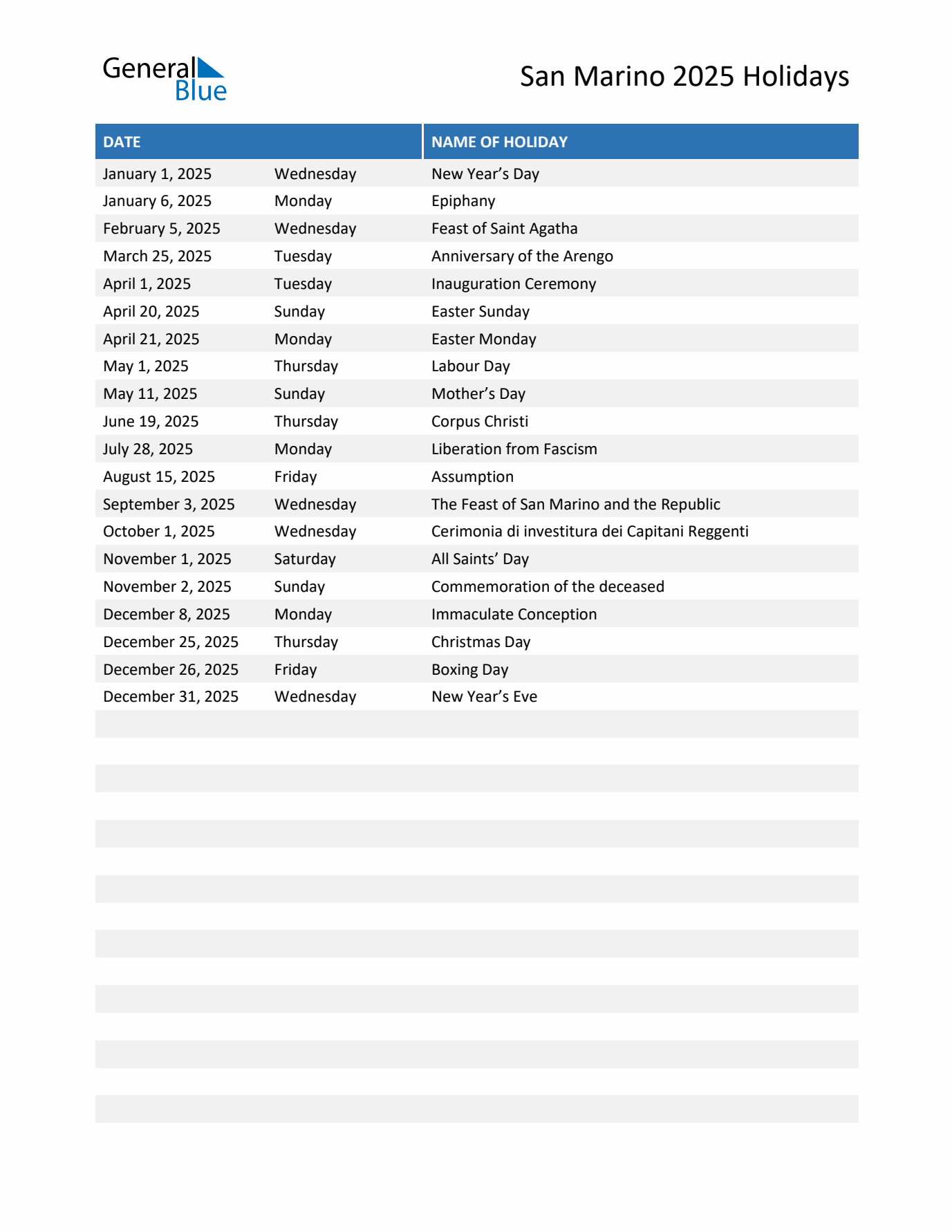 Free printable list of San Marino holidays for year 2025