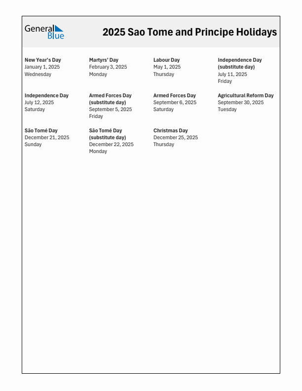 Free printable list of Sao Tome and Principe holidays for year 2025