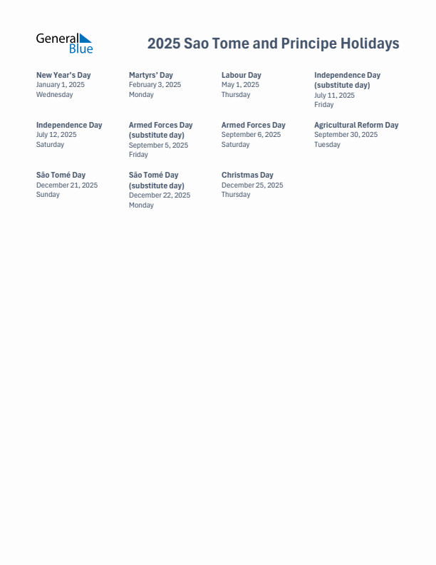 Free printable list of Sao Tome and Principe holidays for year 2025