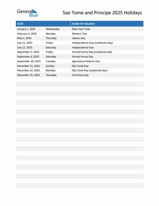 Free printable list of Sao Tome and Principe holidays for year 2025