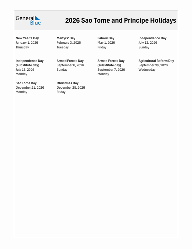Free printable list of Sao Tome and Principe holidays for year 2026