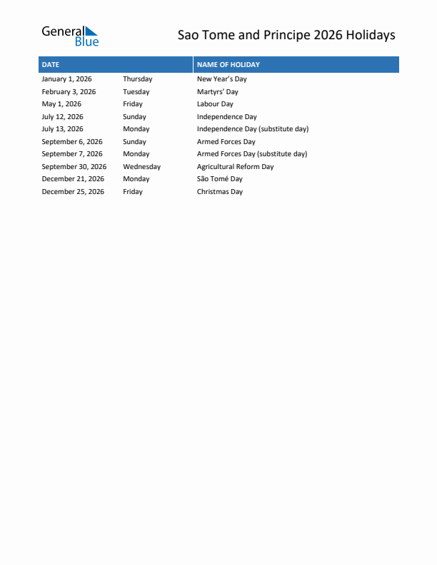 Free printable list of Sao Tome and Principe holidays for year 2026