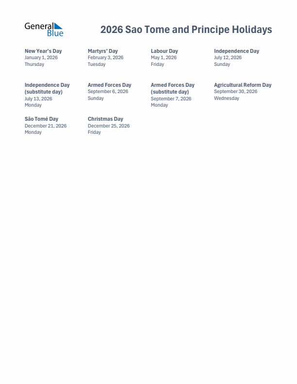 Free printable list of Sao Tome and Principe holidays for year 2026