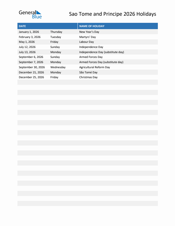 Free printable list of Sao Tome and Principe holidays for year 2026