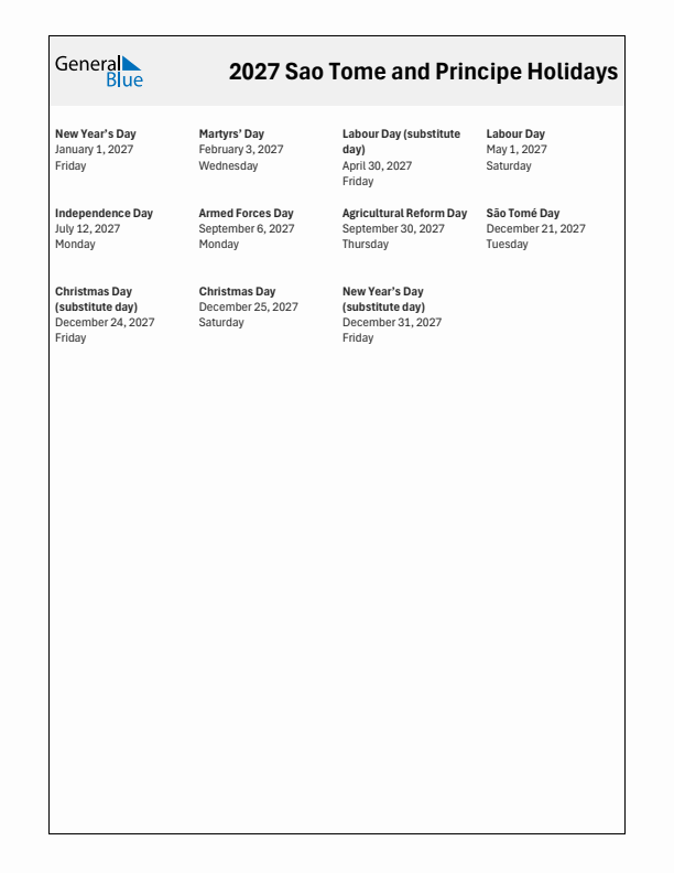 Free printable list of Sao Tome and Principe holidays for year 2027