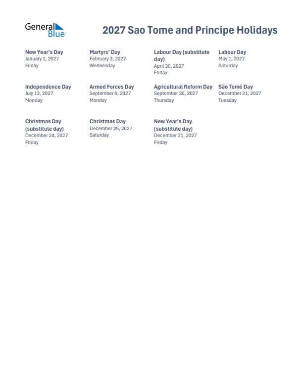 Free printable list of Sao Tome and Principe holidays for year 2027