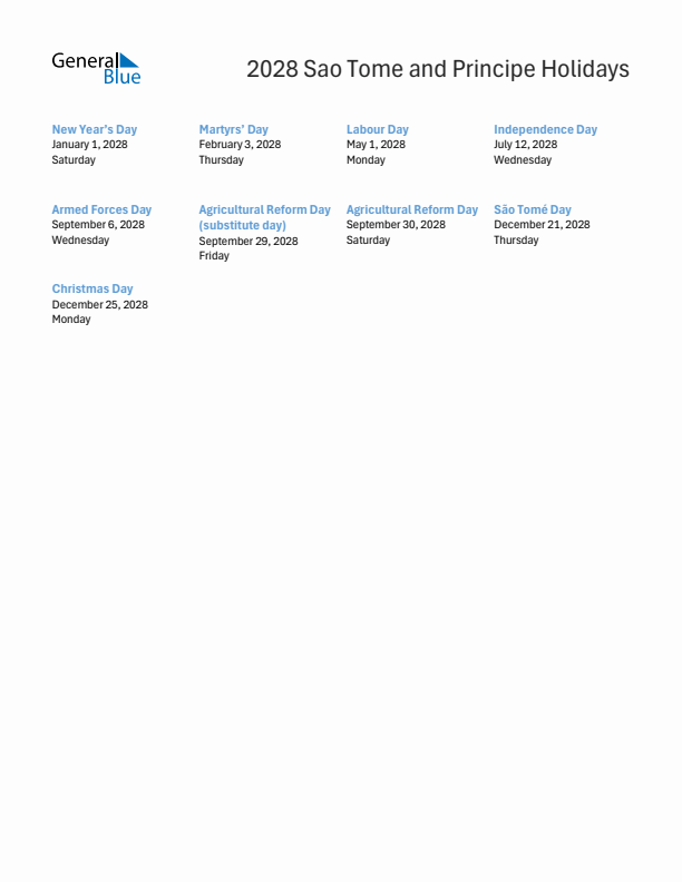 Free printable list of Sao Tome and Principe holidays for year 2028