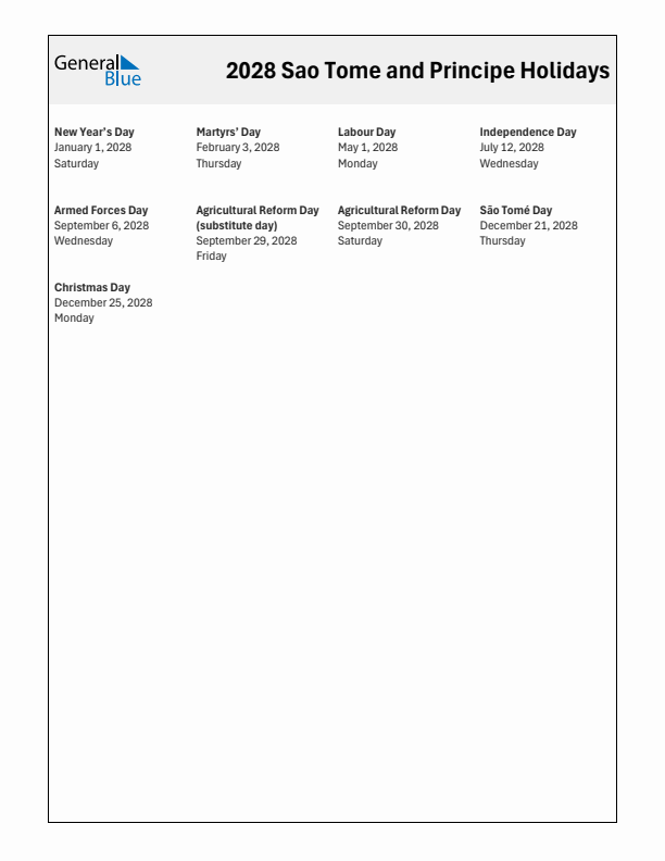 Free printable list of Sao Tome and Principe holidays for year 2028