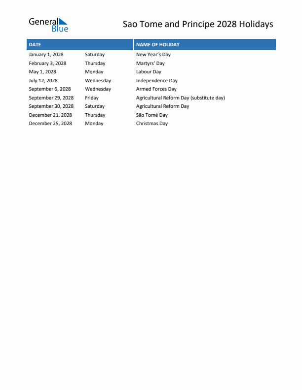 Free printable list of Sao Tome and Principe holidays for year 2028