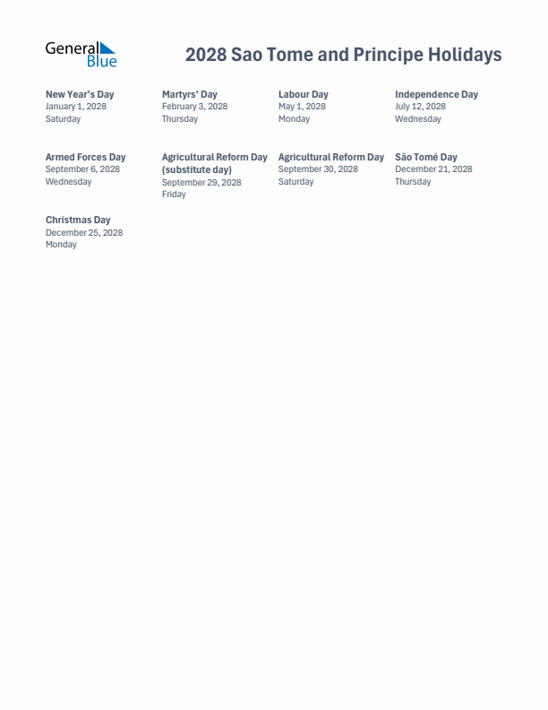 Free printable list of Sao Tome and Principe holidays for year 2028