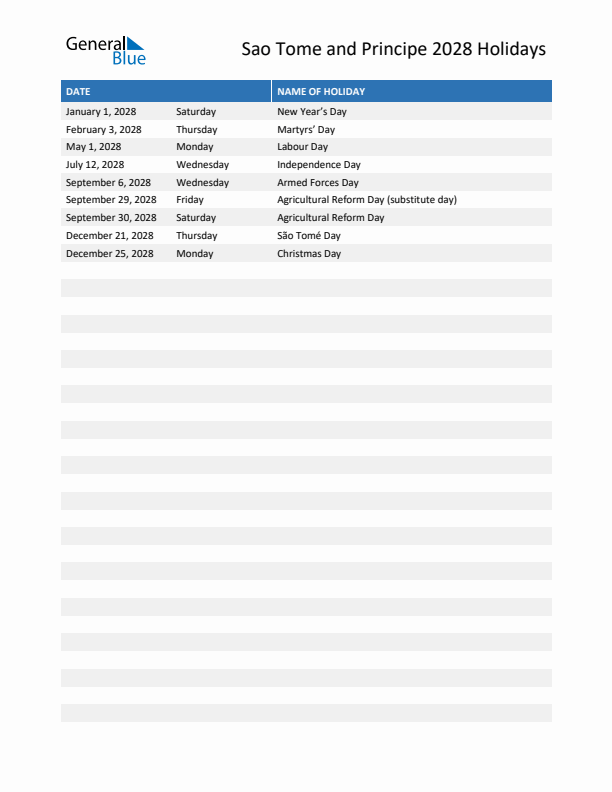 Free printable list of Sao Tome and Principe holidays for year 2028